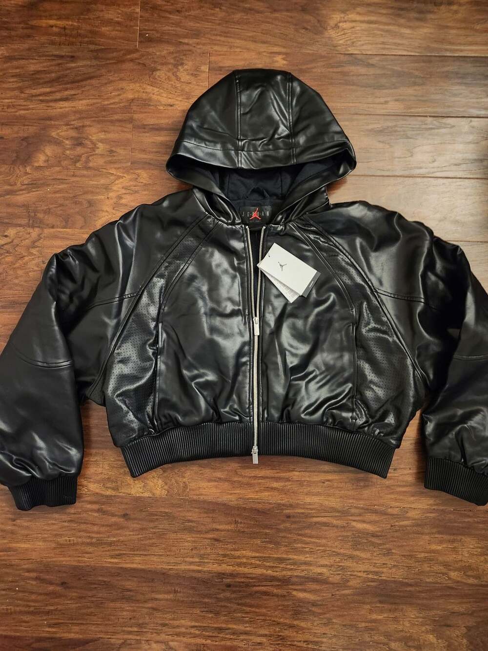 Jordan Flight Women's Faux Leather Jacket Size L Black Hooded Crop